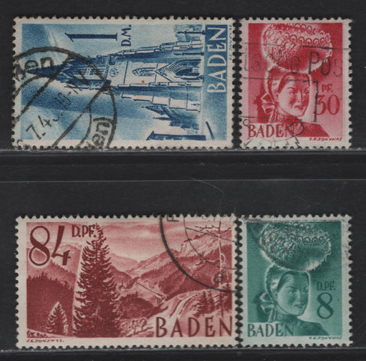 Lot 209 (C)Germany SC#5N16, 5N23, 5N26-5N27 8pf - 1dm Blue Green - Bright Blue Pictorial, 1948 Second Pictorial Issue, 4 Fine Used Singles, Revised Colors, Postally used Examples, 1dm Has A Diagonal Crease.