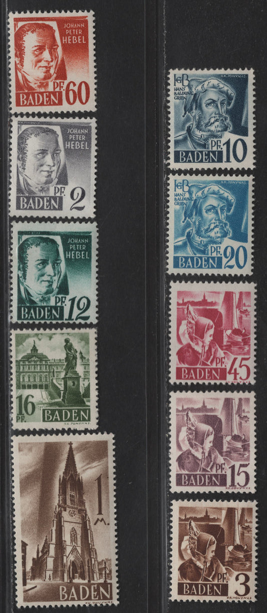 Lot 210 (C)Germany - French Zone - Baden SC#5N1/5N13 2pf - 1m Gray - Dark Brown Pictorial, 1947 Pictorial Issue, 10 F/VFNH Singles,   .
