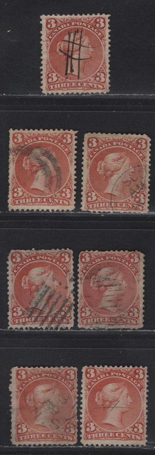 Lot 21 (C) Canada #25,ii 3c Rose Red & Deep Rose Red Queen Victoria, 1868-1876 Large Queen Issue, 7 Ungraded Used Singles, Papers FO-O (Duckworth 10), FO-M (Duckworth 4), FO-AA & FO-BB, Perfs 12, 12x12.1. 11.9x12, 12x11.9 & 12.1x12