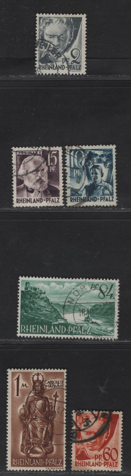 Lot 211 (C)Germany - French Zone - Rhine Palatinate SC#6N1, 6N3, 6N5, 6N12, 6N14-6N15 2pf - 1m Gray - Brown Pictorial, 1947 Pictorial Issue, 6 Fine/Very Fine Used Singles, Postally Used, Paper Y (White Wove), Various Types.