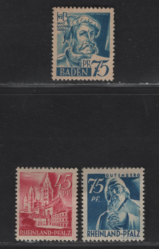 Lot 212 (C)Germany - French Zone - Baden & Rhine Palatinate SC#5N11var, 6N10var, 6N13var 45pf - 75pf Carmine - Blue Pictorial, 1947-1948 Pictorial Issue, 3 FOG/VFNH Singles, Brownish Toned Paper (Paper V), 75pf Baden Is Type 1, 45pf Is Type 1.