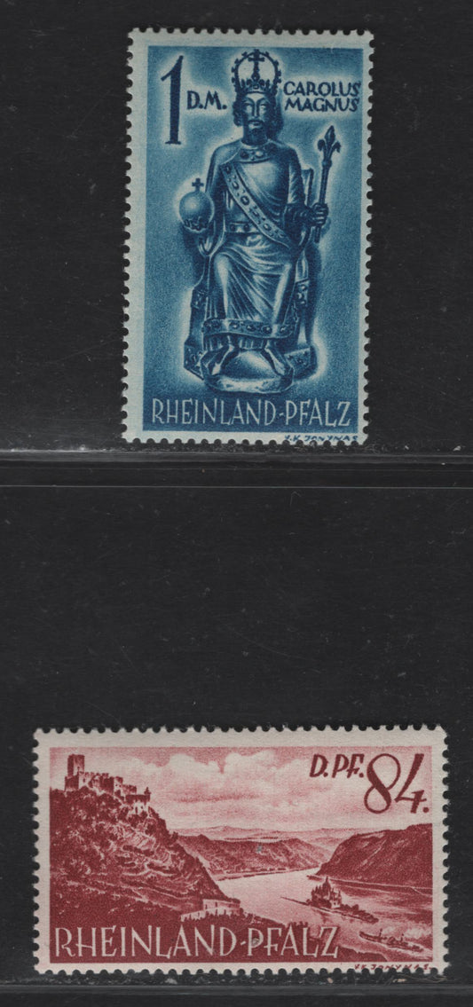 Lot 213 (C)Germany - French Zone - Rhine Palatinate SC#6N28 - 6N29 84pf - 1dm Rose Brown - Bright Blue Pictorial, 1948 Second Pictorial Issue, 2 F/VFNH Singles, New Colors, White Wove Paper (Paper Y), 1m Is Type 1.
