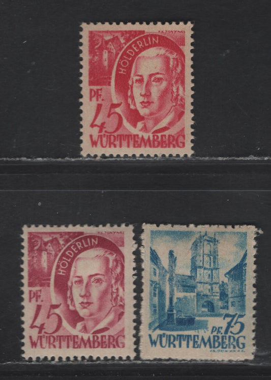 Lot 214 (C)Germany - French Zone - Wurttemberg SC#8N9, 8N11 45pf - 75pf Cerise - Blue Pictorial, 1947-1948 Pictorial Issue, 3 FOG/VFNH Singles, Grayish Paper (Paper V), 45pf Is Types 1 & 2 In Two Shades (One NH, Type 2 With Smooth Gum), 75pf Type 1.