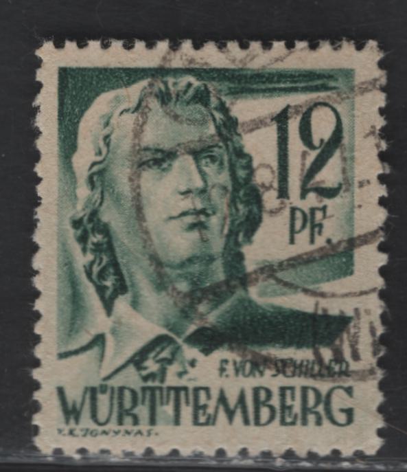 Lot 215 (C)Germany - French Zone - Wurttemberg SC#8N4 12pf Dark Green Pictorial, 1947-1948 Pictorial Issue, A Very Fine Used Single, Paper V (Rough Grayish Paper), Assumed To Be Smooth Gum
