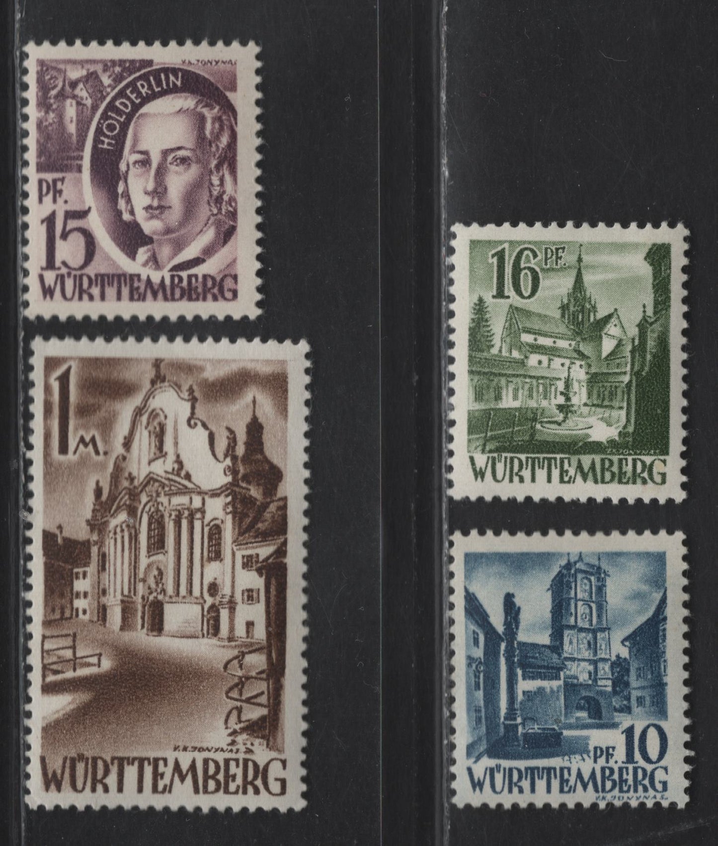 Lot 216 (C)Germany - French Zone - Wurttemberg SC#8N3, 8N5-8N6, 8N13 10pf - 1m Blue - Brown Pictorial, 1947-1948 Pictorial Issue, 4 F/VFNH Singles, White Wove Paper (Paper Y), 10pf & 15pf Are Type 1, Rest Are Type 2.