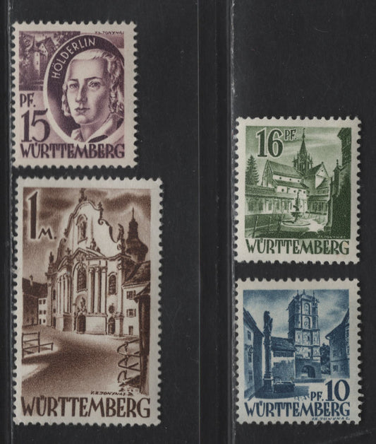 Lot 216 (C)Germany - French Zone - Wurttemberg SC#8N3, 8N5-8N6, 8N13 10pf - 1m Blue - Brown Pictorial, 1947-1948 Pictorial Issue, 4 F/VFNH Singles, White Wove Paper (Paper Y), 10pf & 15pf Are Type 1, Rest Are Type 2.