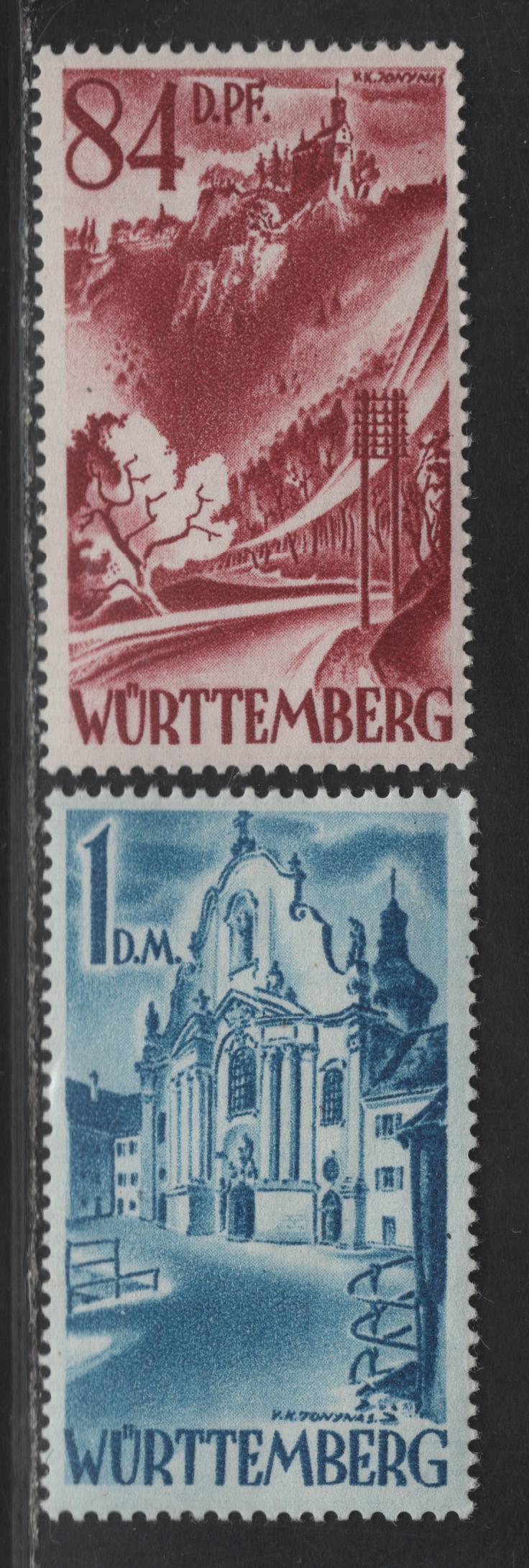 Lot 217 (C)Germany - French Zone - Wurttemberg SC#8N26-8N27 84pf - 1dm Rose Brown - Bright Blue Pictorial, 1947-1948 Pictorial Issue, 2 VFNH Singles, White Wove Paper (Paper Y), The 1m Is Type 1, 84pf Is Type 2.