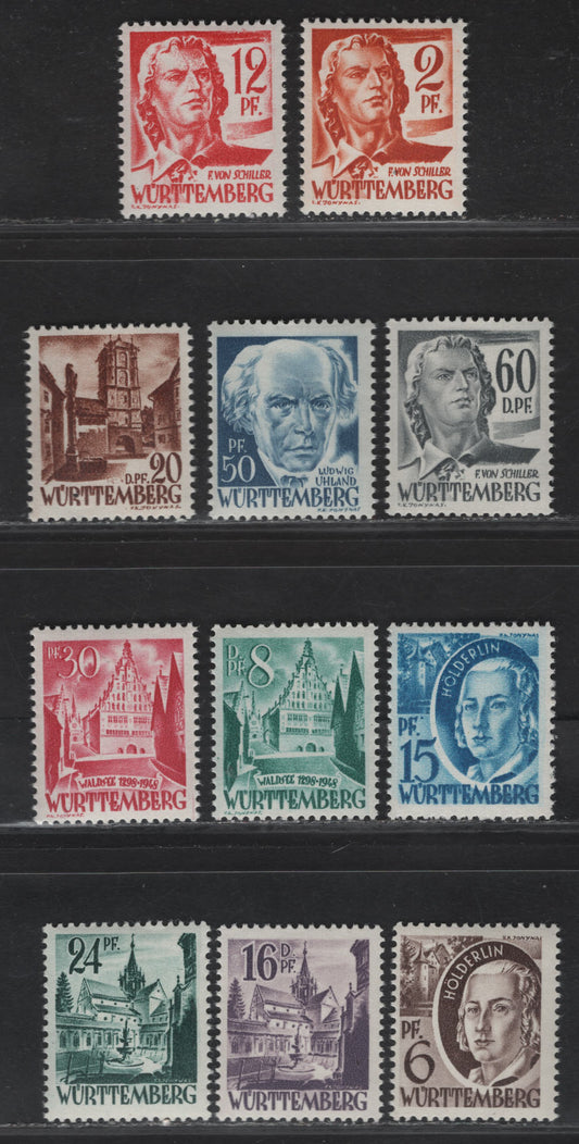 Lot 218 (C)Germany - French Zone - Wurttemberg SC#8N14-8N25 2pf - 60pf Deep Orange - Deep Gray Pictorial, 1948 Second Pictorial Issue, 12 F/VFNH Singles, White Wove Paper (Paper Y), Smooth Gum, Various Types.
