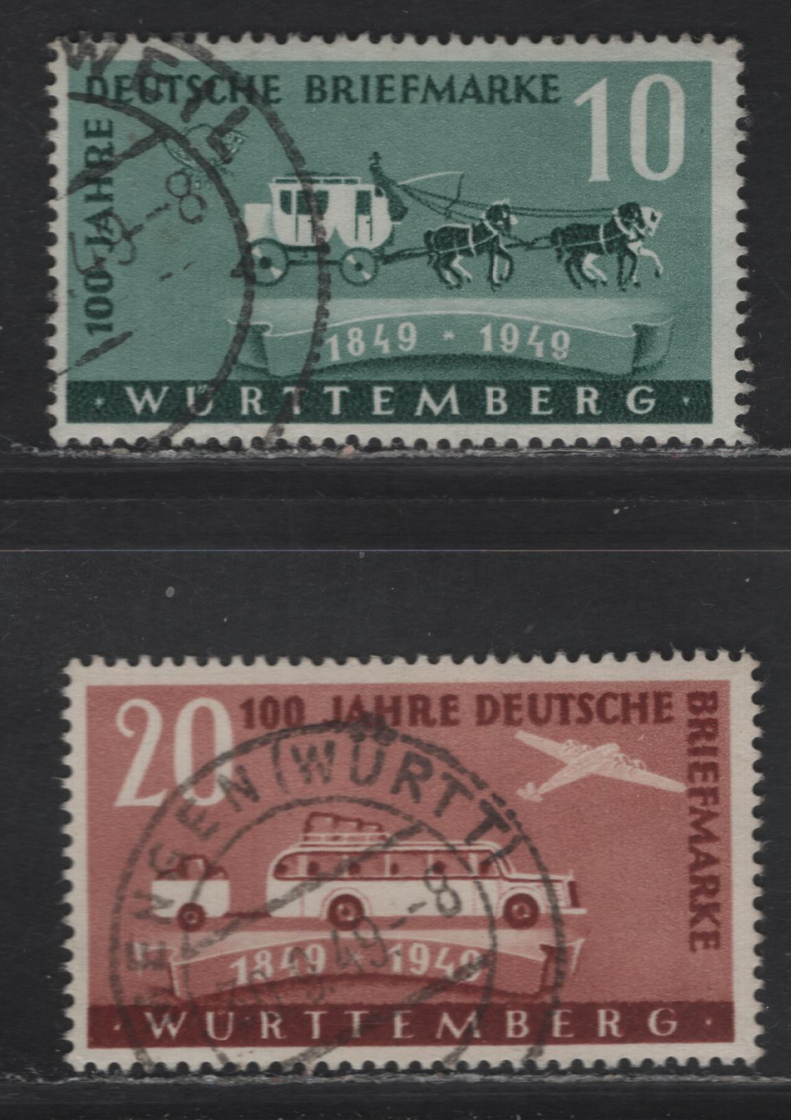 Lot 219 (C)Germany - French Zone - Wurttemberg SC#8N39-8N40 10pf - 20pf Green - Red Brown Pictorial, 1949 Postage Stamp Centenary Issue, 2 Fine/Very Fine Used Singles, Postally used, 20pf Is Michel Type 2