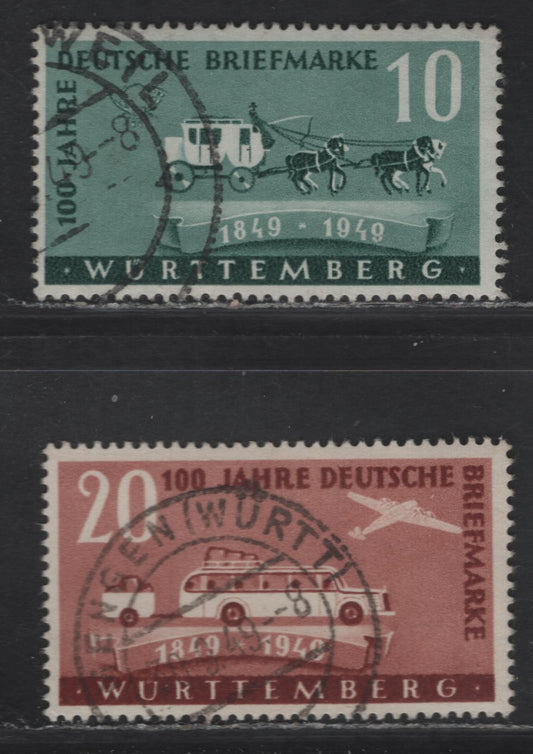 Lot 219 (C)Germany - French Zone - Wurttemberg SC#8N39-8N40 10pf - 20pf Green - Red Brown Pictorial, 1949 Postage Stamp Centenary Issue, 2 Fine/Very Fine Used Singles, Postally used, 20pf Is Michel Type 2