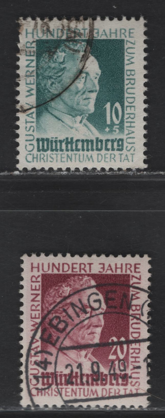 Lot 220 (C)Germany - French Zone - Wurttemberg SC#8NB7-8NB8 10pf+5pf - 20pf+10pf Blue Green - Claret Gustav Werner, 1949 Gustav Werner Issue, 2 Very Fine Used Singles, Postally Used, The Cancel On 8NB8 Looks Genuine, 8NB7 Looks Suspect.