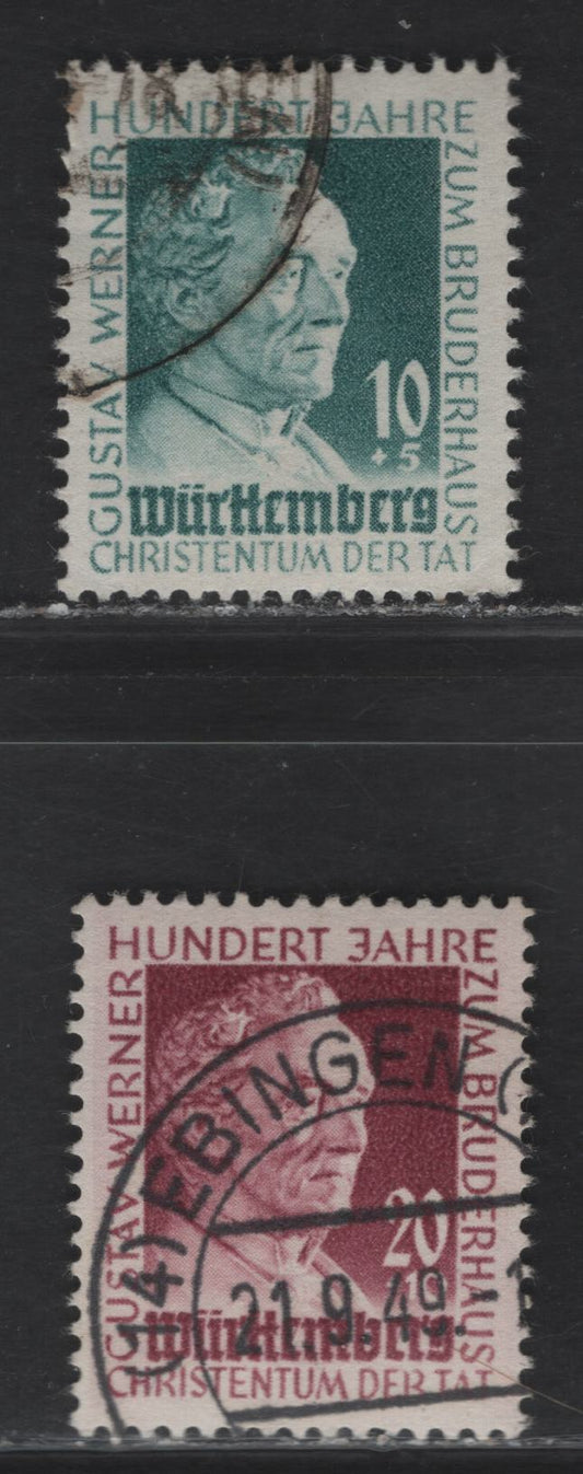 Lot 220 (C)Germany - French Zone - Wurttemberg SC#8NB7-8NB8 10pf+5pf - 20pf+10pf Blue Green - Claret Gustav Werner, 1949 Gustav Werner Issue, 2 Very Fine Used Singles, Postally Used, The Cancel On 8NB8 Looks Genuine, 8NB7 Looks Suspect.