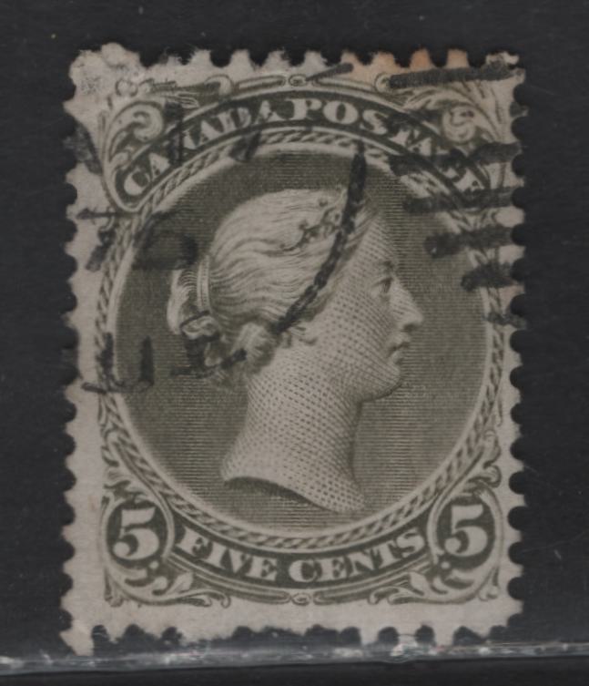 Lot 22 (C) Canada #26iv 5c Olive Green Queen Victoria, 1868-1876 Large Queen Issue, A Very Good Used Single, Paper MM-Y, Perf 11.8x12.1, Two Short Perfs At Bottom & Toning On Top Perfs.