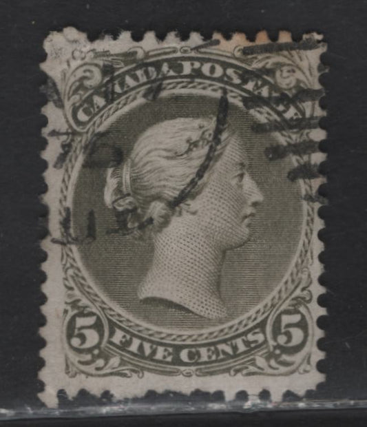 Lot 22 (C) Canada #26iv 5c Olive Green Queen Victoria, 1868-1876 Large Queen Issue, A Very Good Used Single, Paper MM-Y, Perf 11.8x12.1, Two Short Perfs At Bottom & Toning On Top Perfs.