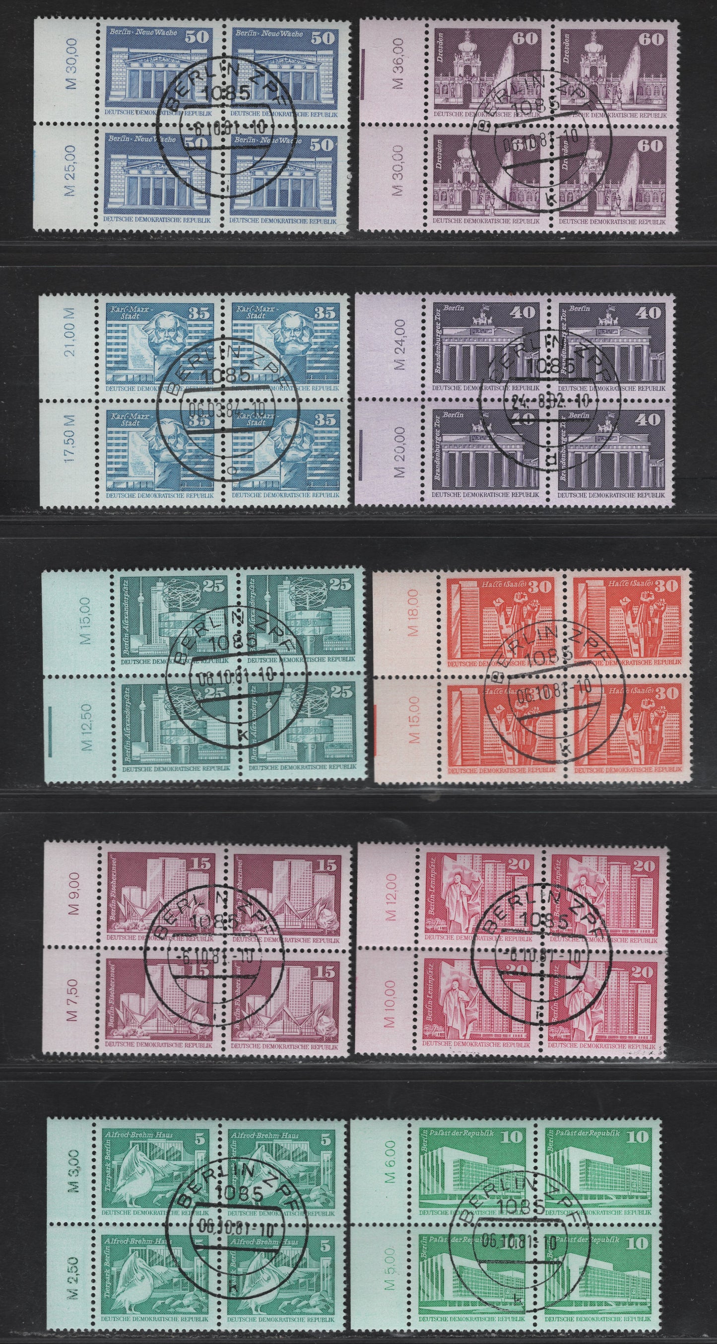 Lot 221 East Germany SC#2071-2085 5pf - 3m Blue Green - Rose Lilac Buildings, 1980-1981 Building Definitives, 15 Very Fine Used Left Sheet Margin Blocks Of 4, CTO, Value Counter Tabs & Printed Cancellations, Full NH Gum.