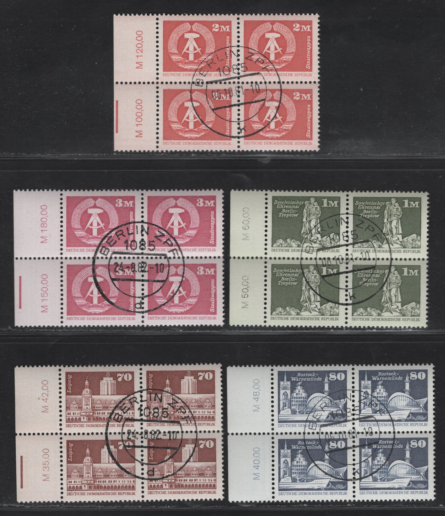 Lot 221 East Germany SC#2071-2085 5pf - 3m Blue Green - Rose Lilac Buildings, 1980-1981 Building Definitives, 15 Very Fine Used Left Sheet Margin Blocks Of 4, CTO, Value Counter Tabs & Printed Cancellations, Full NH Gum.