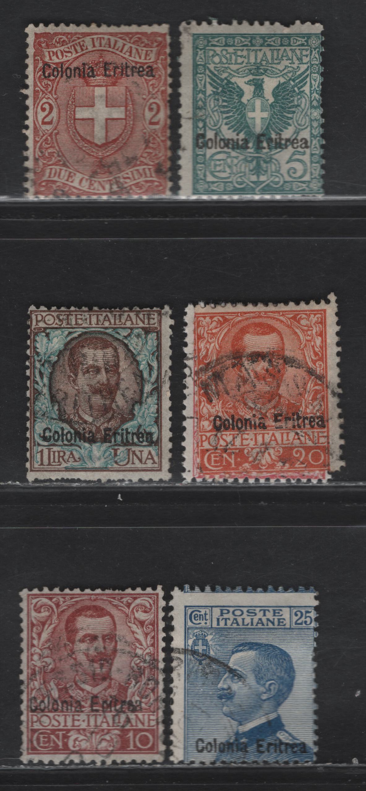 Lot 222 Eritrea SC#13, 21-23, 29, 36, 40 2c - 25c Orange Brown - Blue Arms - Victor Emmanuel III, 1899-1928 Overprinted Issues, 7 Very Good/Fine/Very Fine Used Singles, The 1l has Short Perfs & 5c Has Pulled Perfs, So Not Counted