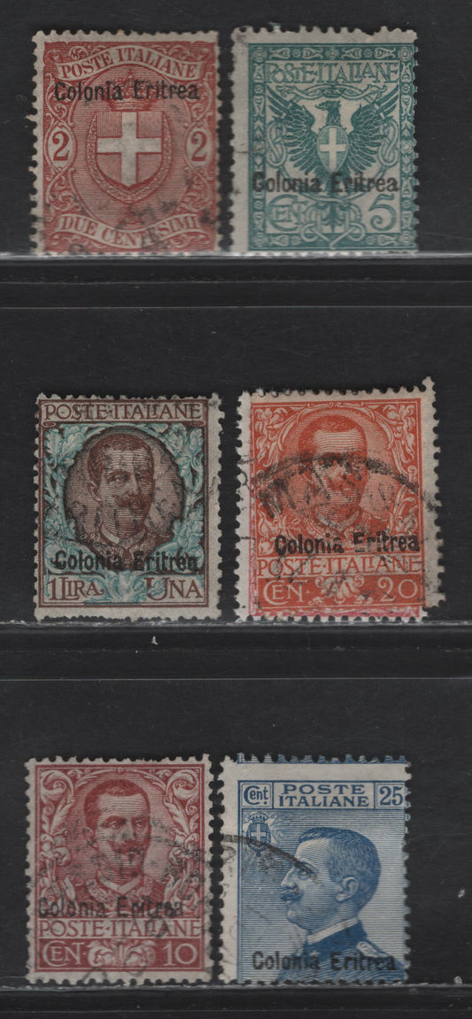 Lot 222 Eritrea SC#13, 21-23, 29, 36, 40 2c - 25c Orange Brown - Blue Arms - Victor Emmanuel III, 1899-1928 Overprinted Issues, 7 Very Good/Fine/Very Fine Used Singles, The 1l has Short Perfs & 5c Has Pulled Perfs, So Not Counted