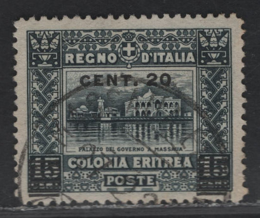 Lot 224 Eritrea SC#52 20c on 15c Slate Government Building, 1916 Surcharged Issue, A Very Fine Used Single