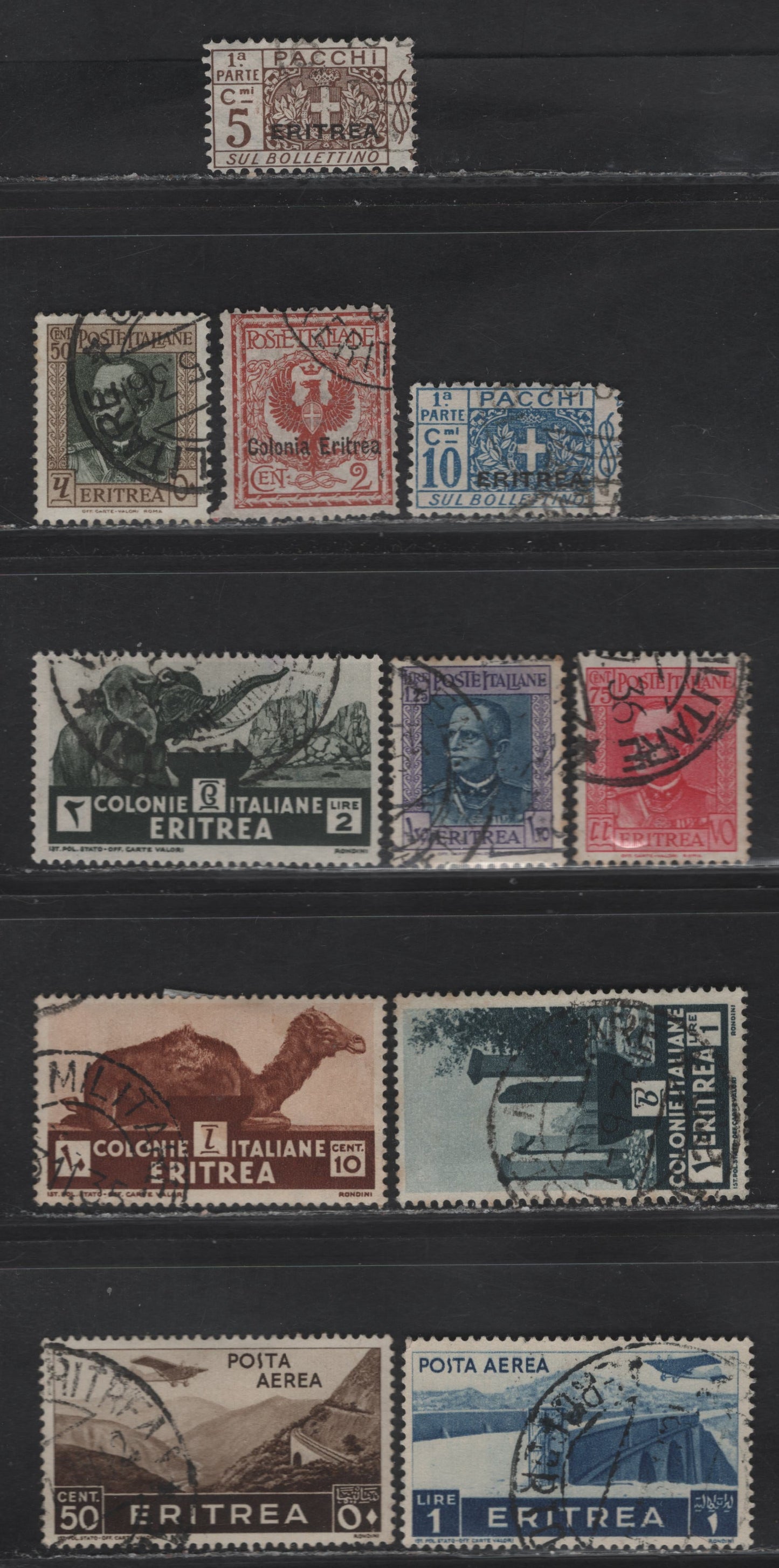 Lot 225 Eritrea SC#20, 154-156, 160, 164-165, C8, C10, Q9-Q10 2c - 10c Orange Brown - Blue Arms - Numeral, 1903-1928 Victor Emmanuel III - Parcel Post Issues, 11 Fine/Very Fine Used Singles