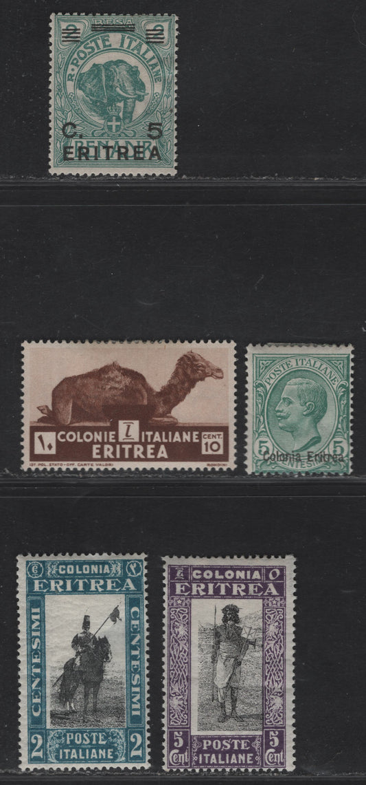 Lot 226 Eritrea SC#35, 59, 119-120, 160 5c - 10c Green - Brown Victor Emmanuel III - Camel, 1908-1934 Overprinted Victor Emmanuel - Pictorial Issues, 5 F/VFOG Singles