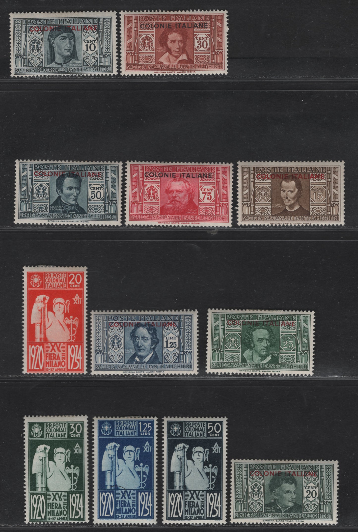 Lot 228 Italian Colonies SC#1-8, 42-48 10c - 1.25l Gray Black - Blue Dante - Mercury & Fasces, 1932 Dante Alghieri - 15th Annual Trade Fair Issues, 12 F/VFOG Singles
