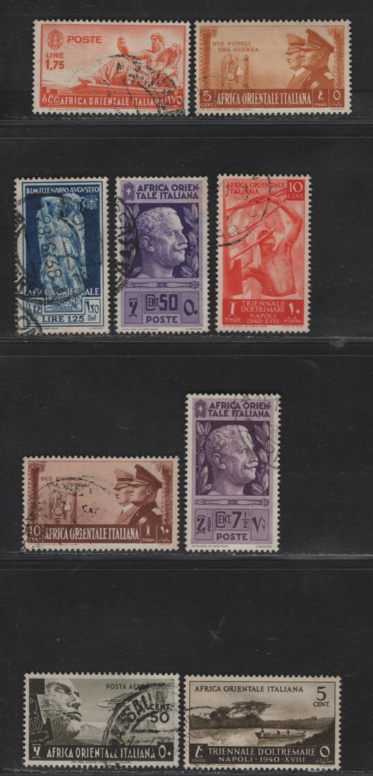 Lot 229 Italian East Africa SC#3, 10, 14, 26-28, 34-35, O2 7.5a - 50c Dark Violet - Olive Brown Pictorials, 1938 Pictorial - Airmail Issues, 9 Very Fine Used Singles, Rome-Berlin Axis & #28 Appear To Be CTO