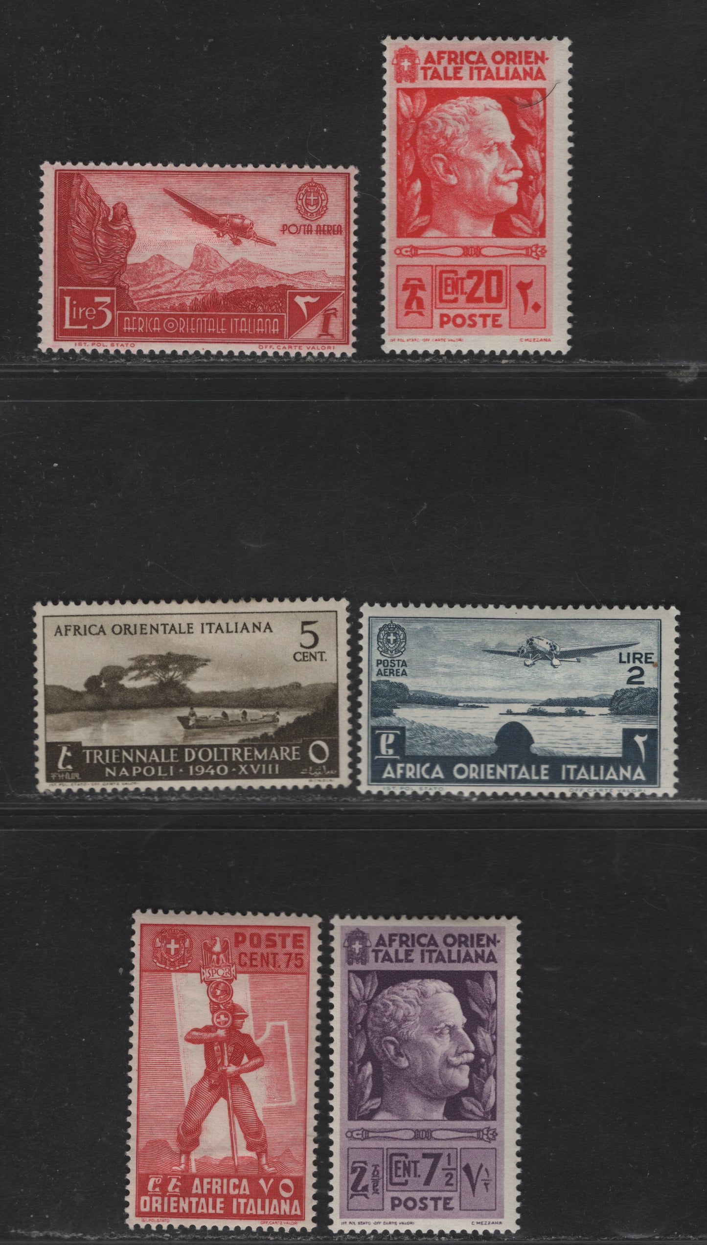 Lot 231 Italian East Africa SC#3, 6, 11, 27, C7-C8 7.5c - 3l Dark Violet  - Carmine Lake Pictorial - Airmails, 1938 Pictorial - Airmail Issues, 6 F/VFOG Singles