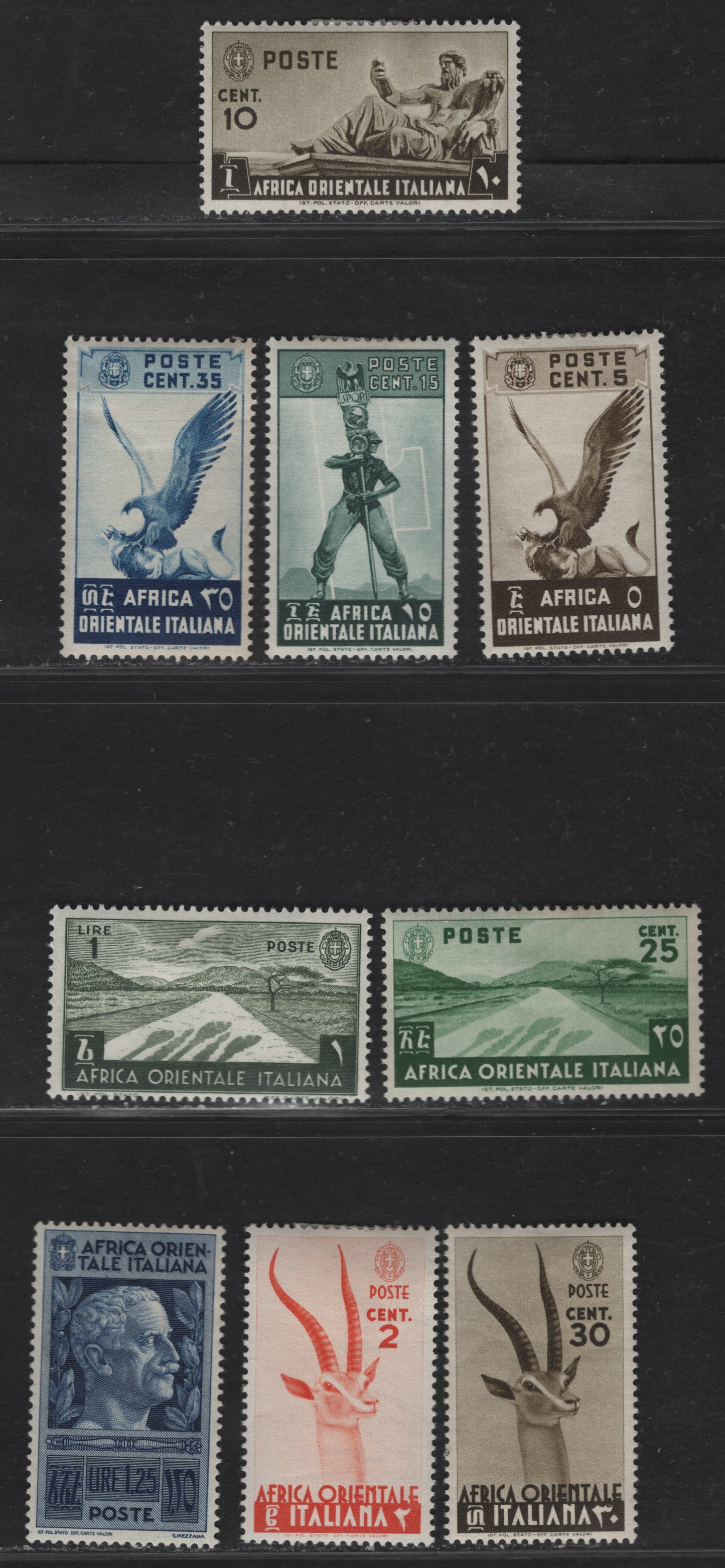 Lot 232 Italian East Africa SC#1-2, 4-5, 7-9, 12-13 2c - 1.25l Red Orange - Dark Blue Grants Gazelle - Victor Emmanuel III, 1938 Pictorial Definitive Issue, 9 VFOG Singles