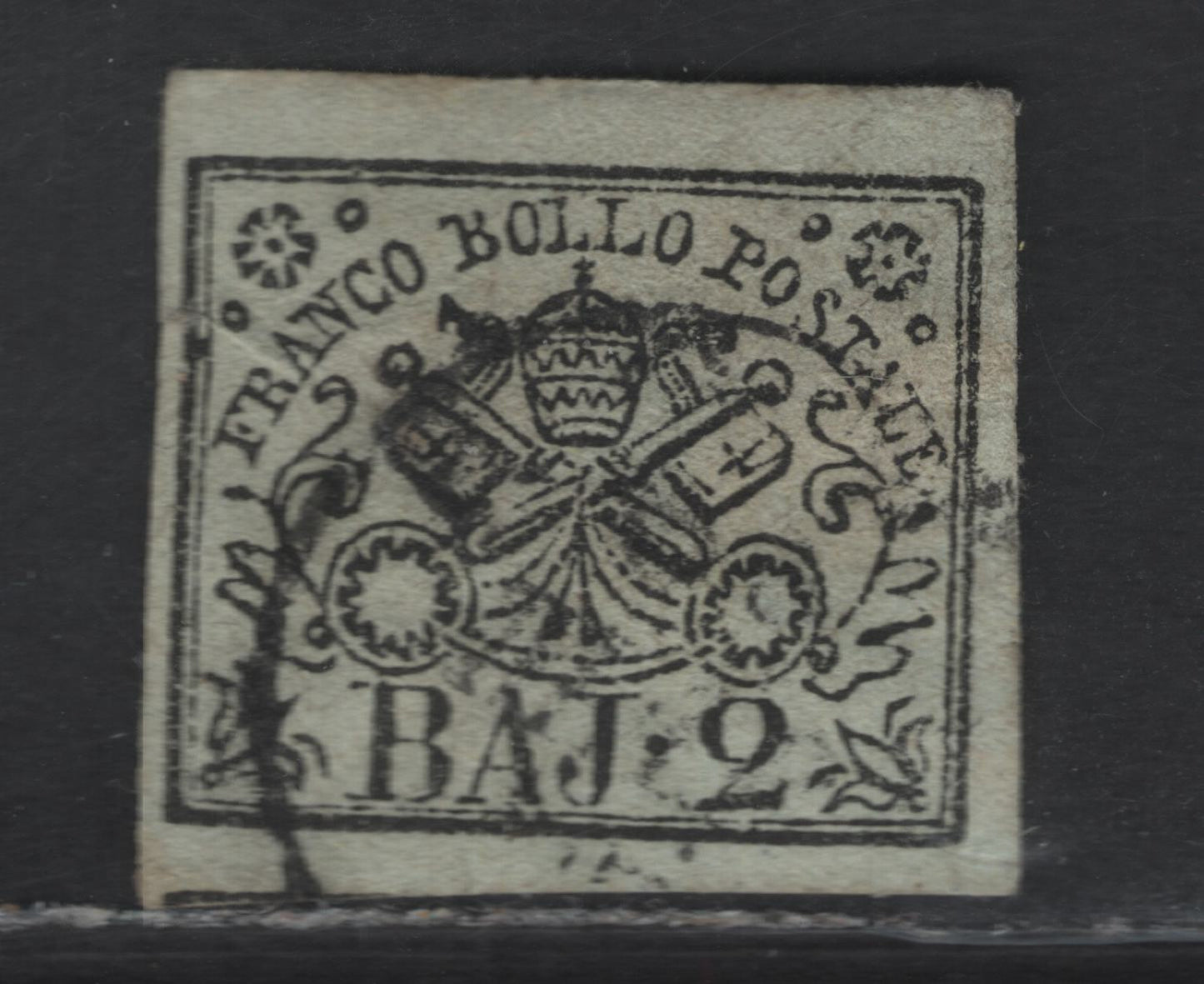 Lot 234 Roman States SC#3 2b Black on Greenish White Arms, 1852 Imperf Papal Arms Issue, A Fine Used Single, Posesses All The Characteristics of the Genuine Stamp, Oversize Margins On 3 Sides & Close Margins On Left
