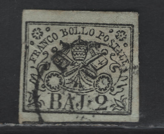 Lot 234 Roman States SC#3 2b Black on Greenish White Arms, 1852 Imperf Papal Arms Issue, A Fine Used Single, Posesses All The Characteristics of the Genuine Stamp, Oversize Margins On 3 Sides & Close Margins On Left