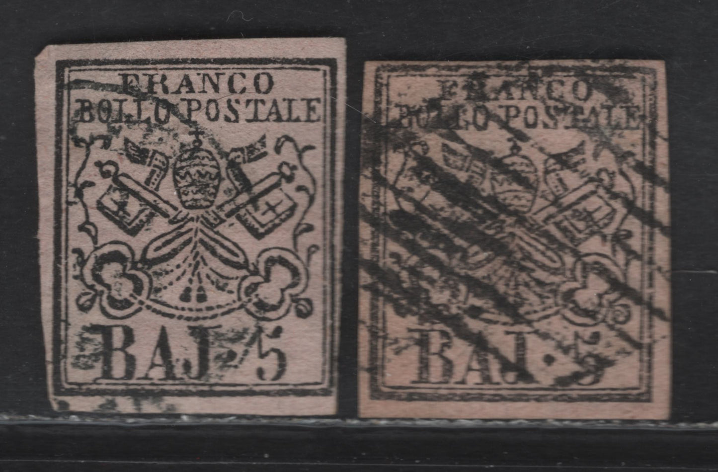 Lot 235 Roman States SC#6-6a 5b Black on Rose/Pale Rose Arms, 1852 Imperf Papal Arms Issue, 2 Very Fine Used Singles, Rose Paper has Full Margins (3/4mm) On 2 Sides & Close On 2 Sides, Paler Paper Is Similar