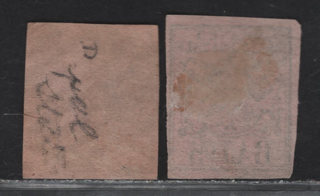 Lot 235 Roman States SC#6-6a 5b Black on Rose/Pale Rose Arms, 1852 Imperf Papal Arms Issue, 2 Very Fine Used Singles, Rose Paper has Full Margins (3/4mm) On 2 Sides & Close On 2 Sides, Paler Paper Is Similar