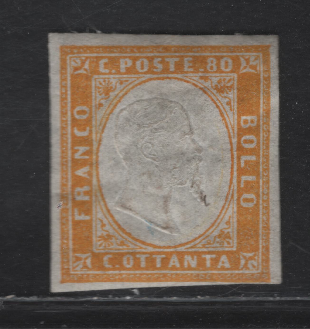 Lot 236 Sardinia SC#14 80c Orange Yellow Victor Emmanuel II, 1855-1863 Victor Emmanuel II Embossed Issue, A VFOG Imperf Single, Full 1mm Margin At Top, Close But Clear At Bottom & 2/3 Full On Sides, Natural Gum Wrinkles & Normal Thin Gum.