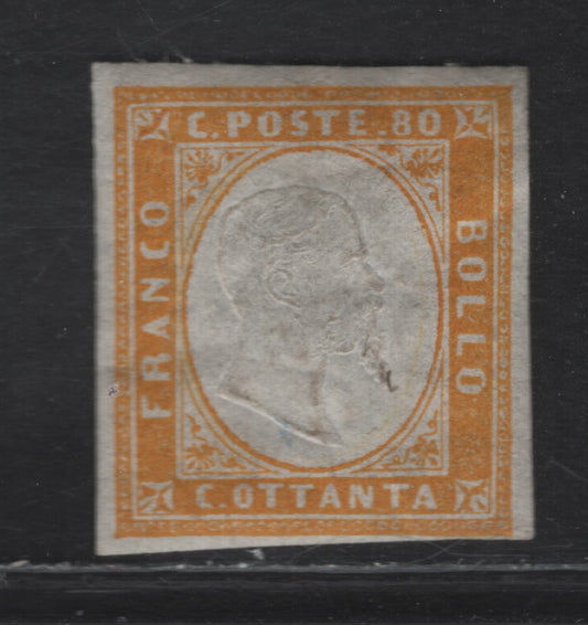 Lot 236 Sardinia SC#14 80c Orange Yellow Victor Emmanuel II, 1855-1863 Victor Emmanuel II Embossed Issue, A VFOG Imperf Single, Full 1mm Margin At Top, Close But Clear At Bottom & 2/3 Full On Sides, Natural Gum Wrinkles & Normal Thin Gum.
