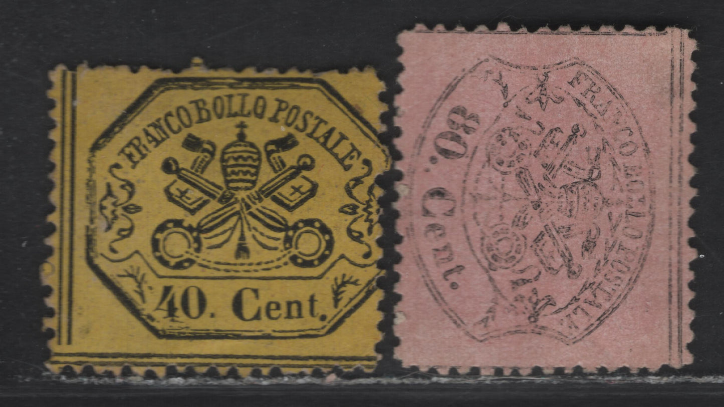 Lot 237 Roman States SC#24a, 25e 40c - 80c Black on Yellow - Black On Pale Rose Arms, 1868 Arms Issue, 2 Very Good/Fine Unused Singles, Perf 13, Continuous, Unbroken Horizontal Dividing Lines At UL & LL, Proving That They Are Original.