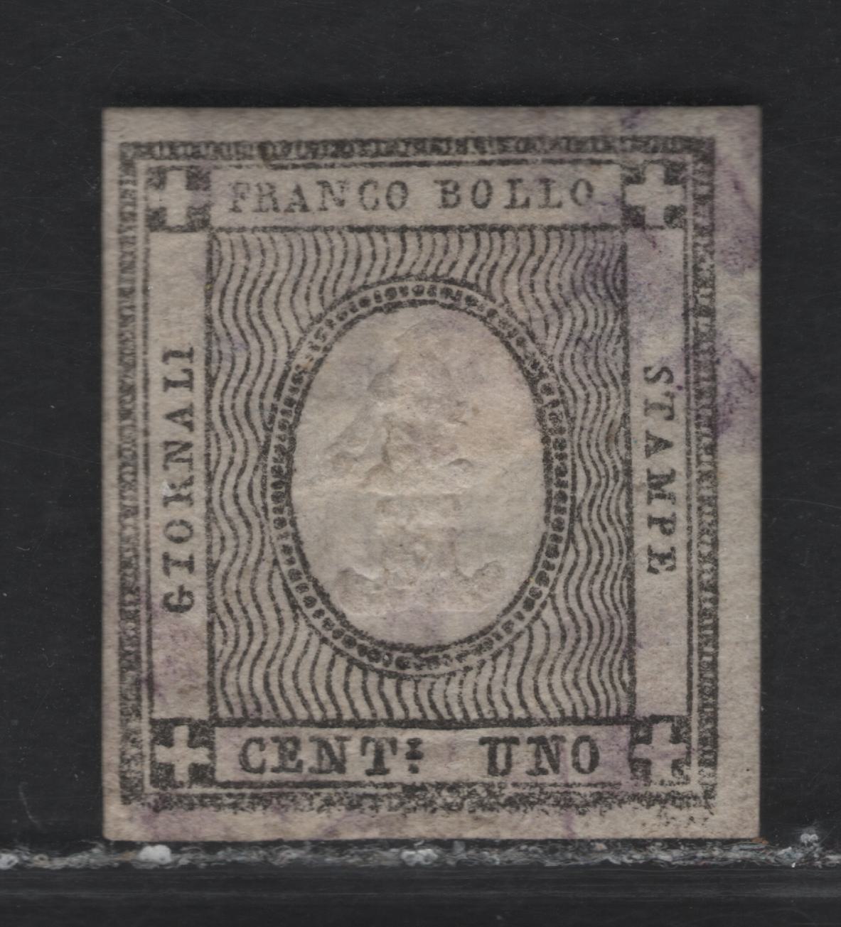 Lot 238 Sardinia SC#P1 1c Black Oval, 1861 Newspaper Issue, A Very Fine Used Imperf Single, Full Margins on 3 Sides, Close On 1 Side, Cancel is Dubious, So Valued As Mint.