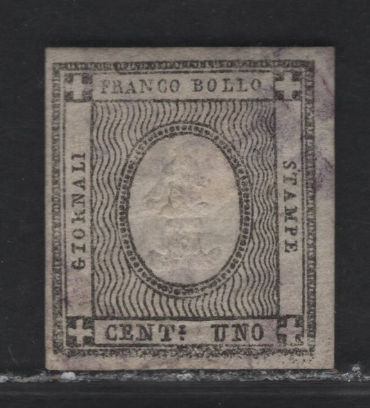 Lot 238 Sardinia SC#P1 1c Black Oval, 1861 Newspaper Issue, A Very Fine Used Imperf Single, Full Margins on 3 Sides, Close On 1 Side, Cancel is Dubious, So Valued As Mint.