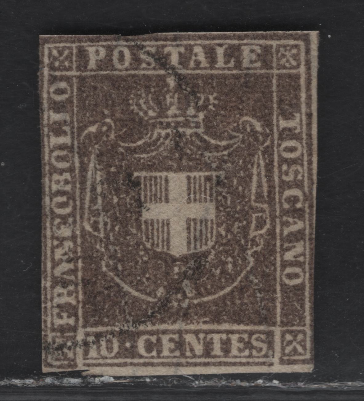 Lot 239 Tuscany SC#19a 10c Gray Brown Coat of Arms, 1860 Coat of Arms Issue, A Very Good Used Imperf Single, Posesses All The Characteristics of the Genuine Stamp, Full Margins On This Issue Is 1/4mm