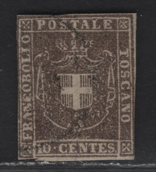 Lot 239 Tuscany SC#19a 10c Gray Brown Coat of Arms, 1860 Coat of Arms Issue, A Very Good Used Imperf Single, Posesses All The Characteristics of the Genuine Stamp, Full Margins On This Issue Is 1/4mm