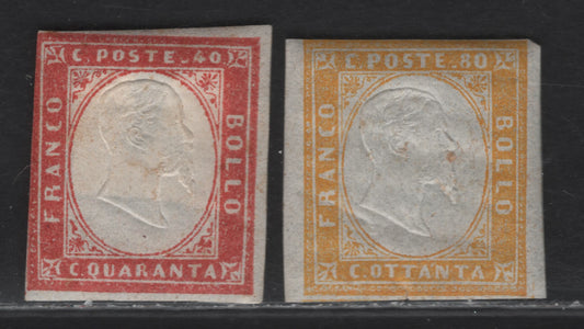 Lot 240 Sardinia SC#13a, 14a 40c - 80c Rose - Yellow Victor Emmanuel II, 1855-1863 Victor Emmanuel II Embossed Issue, 2 G/VGOG Imperf Singles, With Gum & Usual Gum Wrinkles