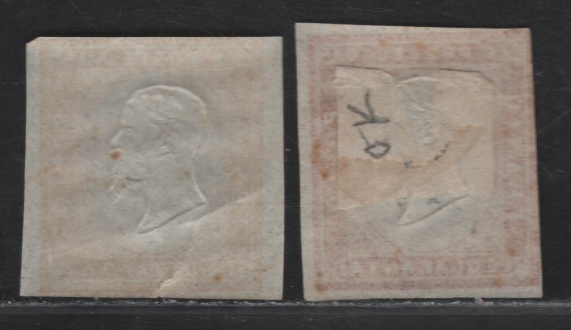 Lot 240 Sardinia SC#13a, 14a 40c - 80c Rose - Yellow Victor Emmanuel II, 1855-1863 Victor Emmanuel II Embossed Issue, 2 G/VGOG Imperf Singles, With Gum & Usual Gum Wrinkles