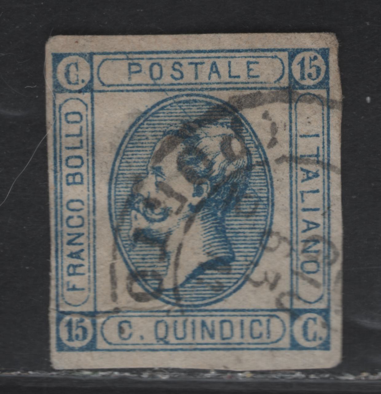 Lot 241 Italy SC#23a 15c Blue Victor Emmanuel II, 1863 Victor Emmanuel II Issue, A Very Fine Used Imperf Single, Type 1, Nearly Closed 'C', Full Margins On 3 Sides, Close On Left, Small Inernal Paper Wrinkle.