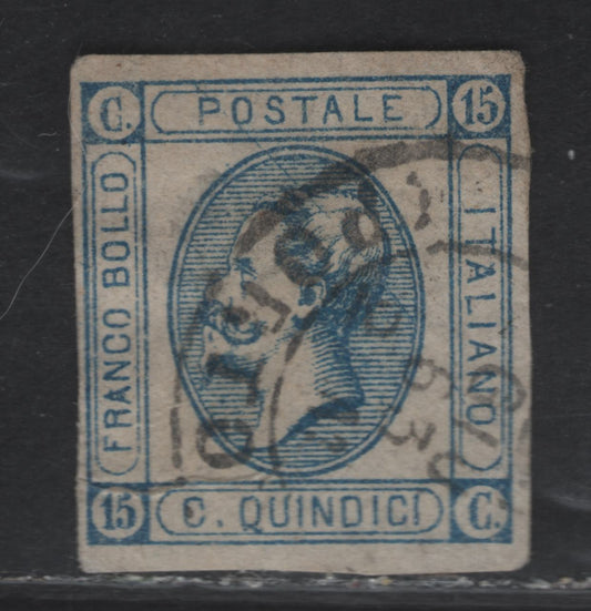 Lot 241 Italy SC#23a 15c Blue Victor Emmanuel II, 1863 Victor Emmanuel II Issue, A Very Fine Used Imperf Single, Type 1, Nearly Closed 'C', Full Margins On 3 Sides, Close On Left, Small Inernal Paper Wrinkle.