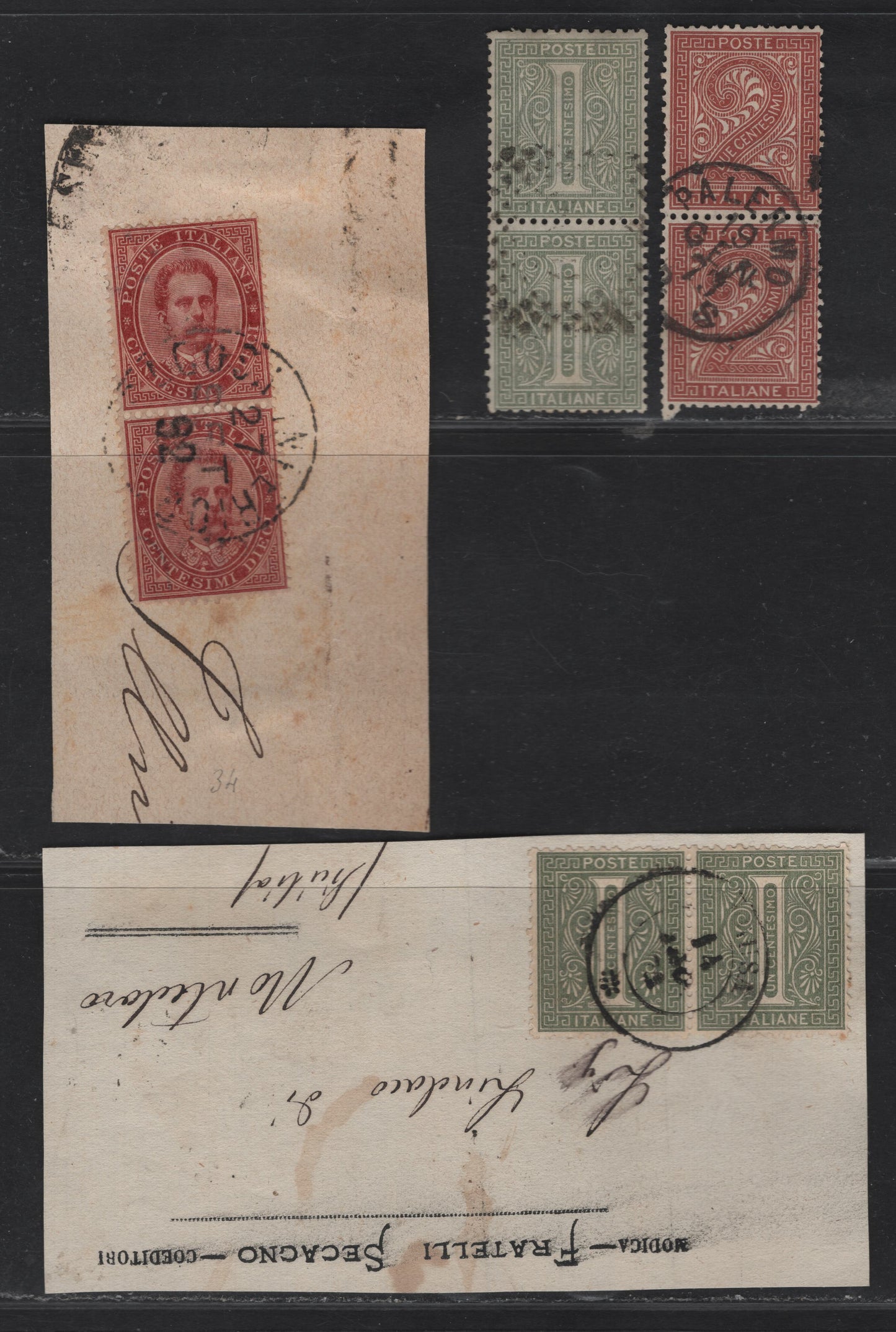 Lot 243 Italy SC#24-25, 46 1c - 10c Pale Gray Green & Gray Green - Claret Numerals - King Humbert I, 1863-1879 Numerals - King Humbert I Issues, 4 Fine/Very Fine Used Pairs, 2 Used On Piece