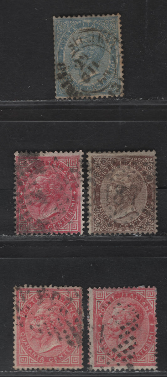 Lot 246 Italy SC#29-31a 15c - 40c Blue - Rose Victore Emmanuel II, 1863-1877 Victore Emmanuel II Surface Printed Issue, 4 Good/Very Good Used Singles, One 40c With A Very Small Margin Tear