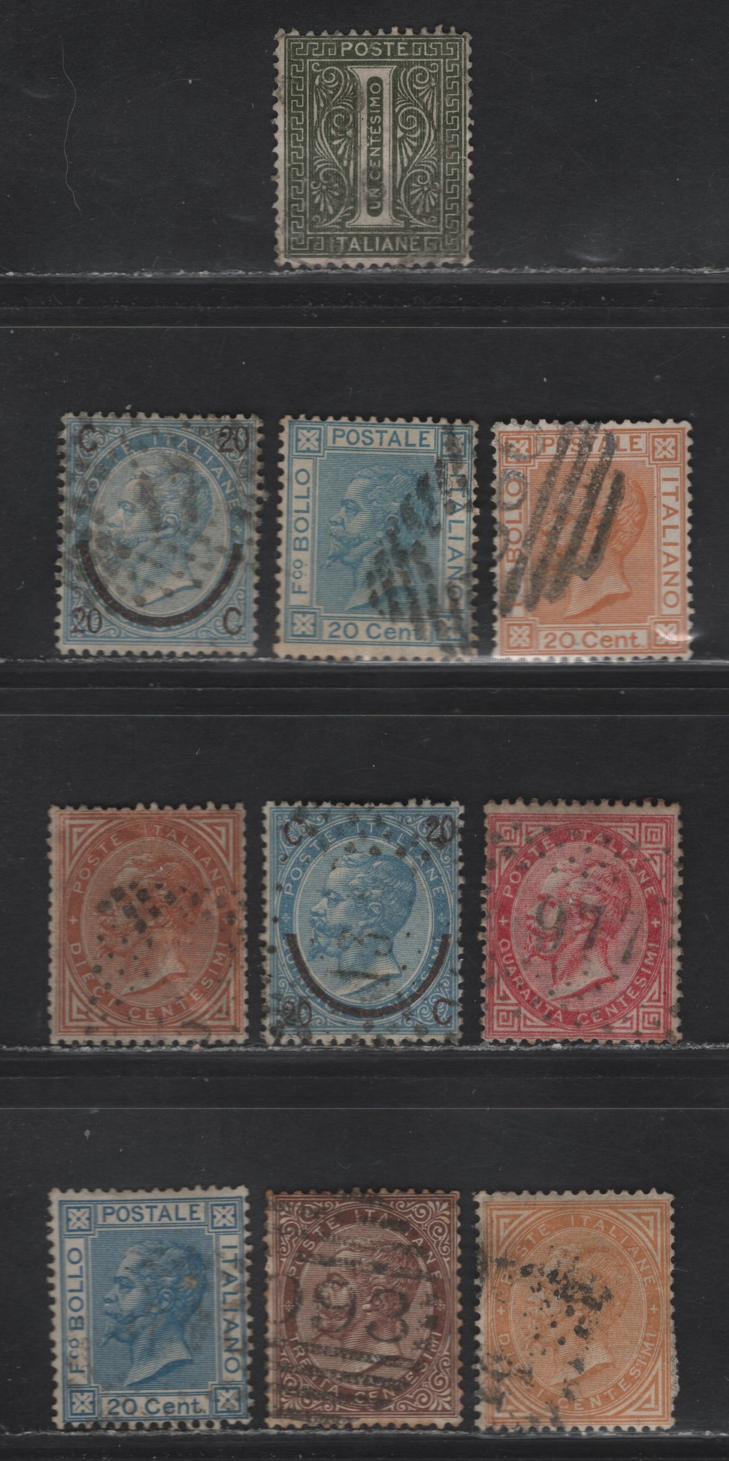 Lot 247 Italy SC#24, 27, 30-31, 34, 35-avar, 36 1c - 20c Gray Green - Orange Victore Emmanuel II, 1863-1877 Victore Emmanuel II Surface Printed Issue, 8 Fine/Very Fine Used Singles, All Very Well Centered, 20c Blue Has Inverted Wmk