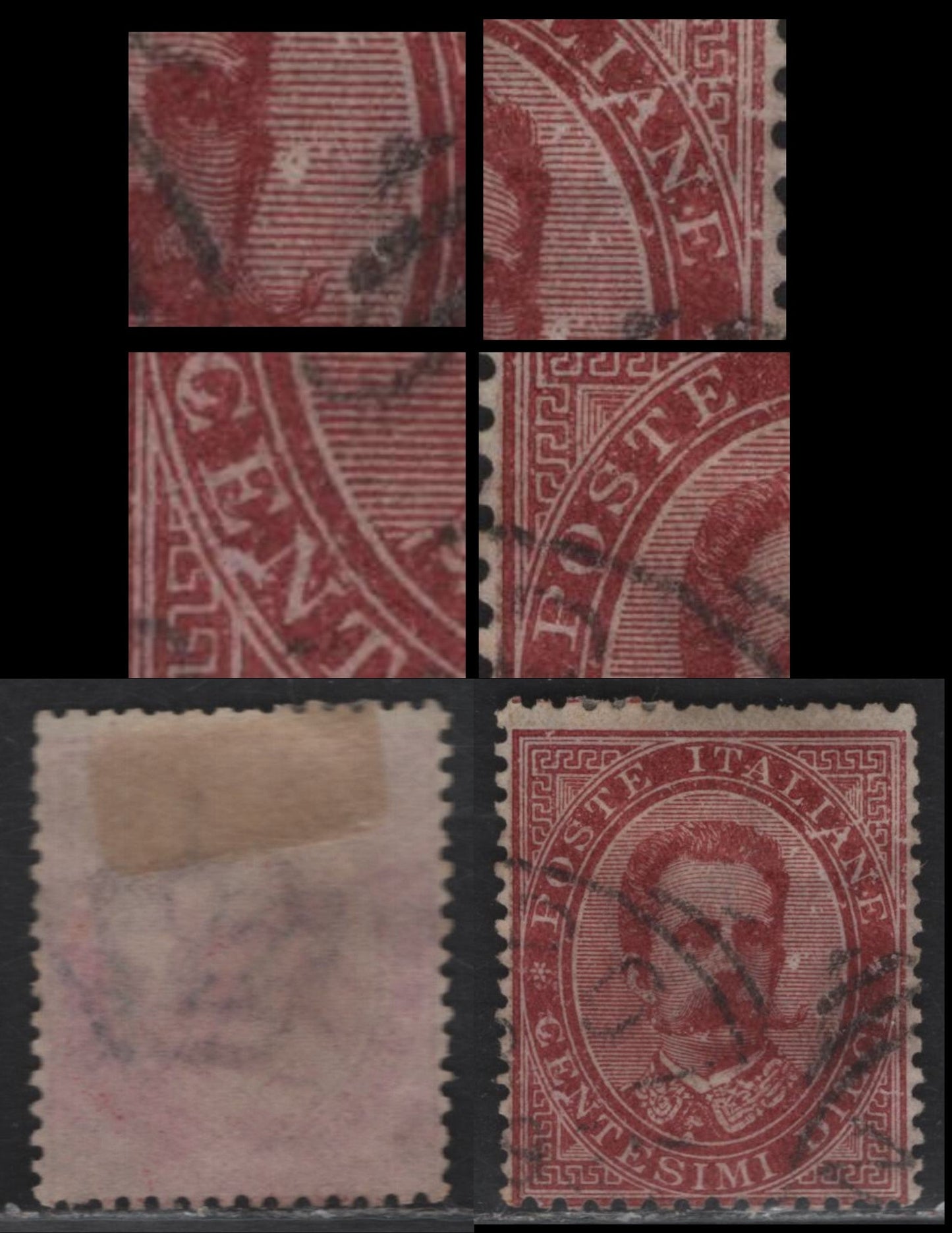 Lot 249 Italy SC#46var 10c Claret King Humbert I, 1879 King Humbert I Keyplates, A Fine Used Single, Showing Extensive Plate Damage, Resulting In Spur Of N of Centesimi & Other Flaws, Unlisted.