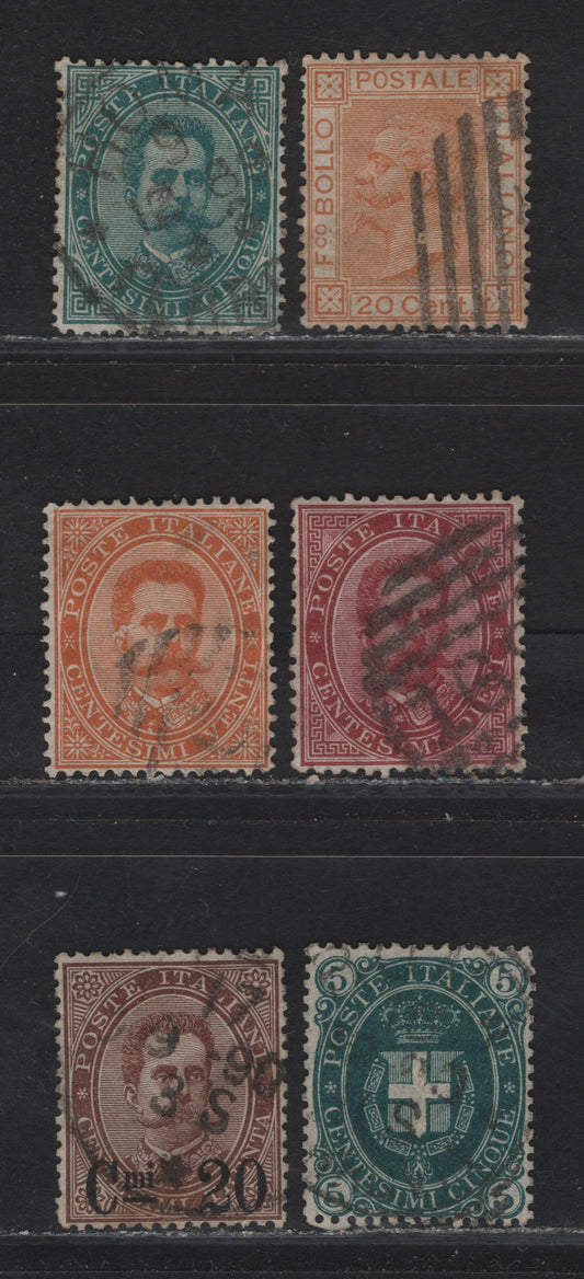 Lot 251 Italy SC#36, 45-47, 52, 65 5c-20c on 30c Blue Green - Brown Arms of Savoy, Victor Emmannuel II & Humbert I, 1865-1891 King Victor Emmanuel & Humbert I Keyplates, 6 VF Used Singles VF Centering For These Issues
