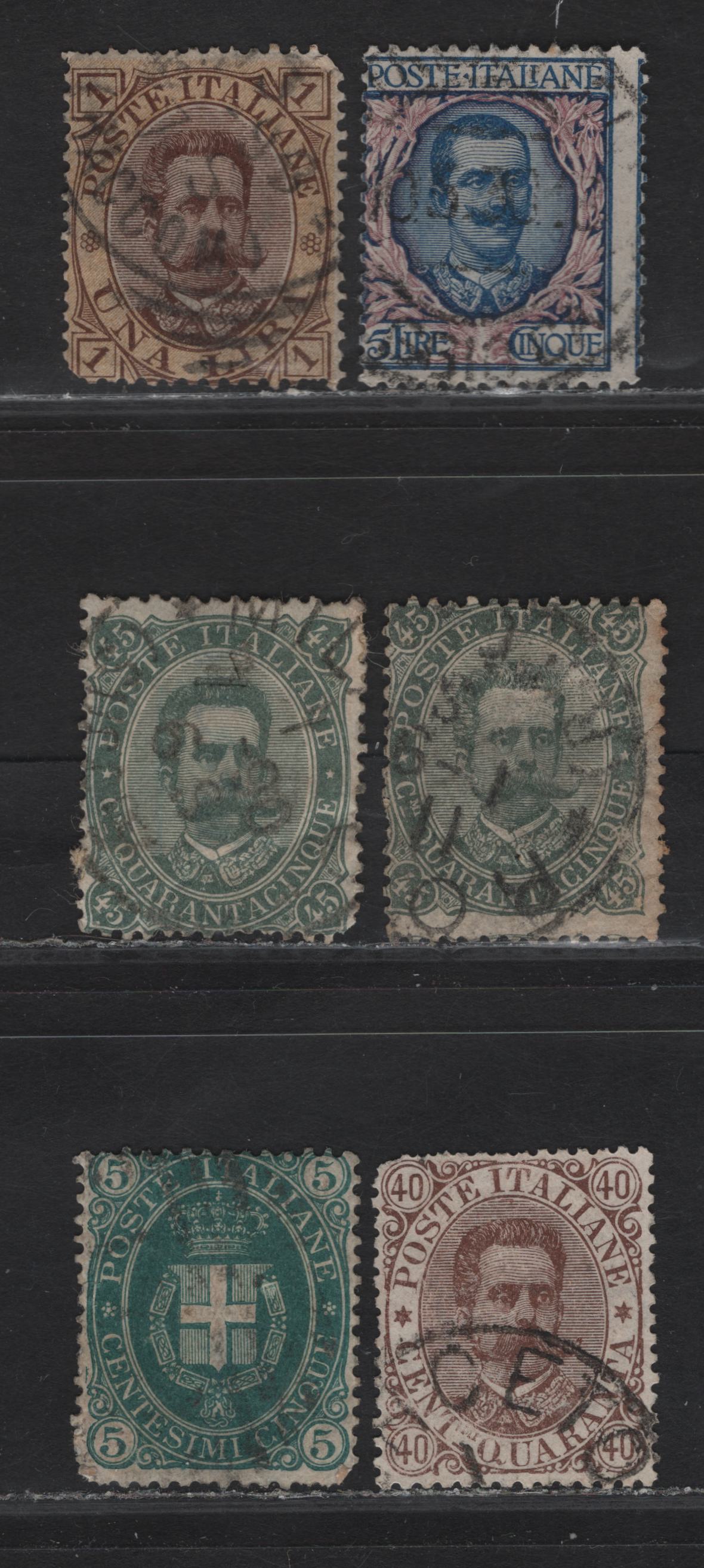 Lot 253 (C) Italy SC#52-54, 56, 91 5c-5L Dark Green - Blue & Rose Humbert I & Victor Emmanuel III, 1889-1926 King Victor Emmanuel & Humbert I Keyplates, 6 VG Used Singles Including 2 Shades Of 45c, Most With Perf. Faults